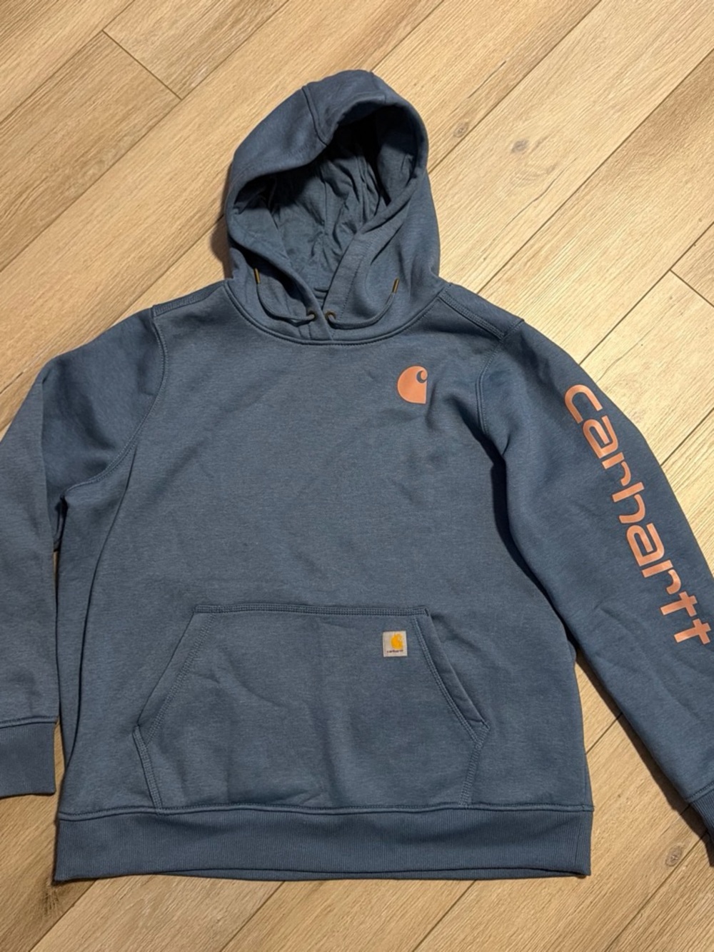 Carhartt Men's Slate Blue Crewneck Hoodie with Orange Logo
